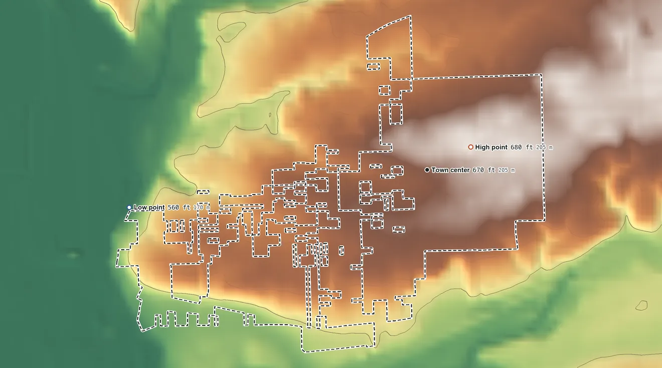 Topographic elevation map of Ridgewood, Illinois, shaded from 560 ft on the west side to 680 ft near the middle