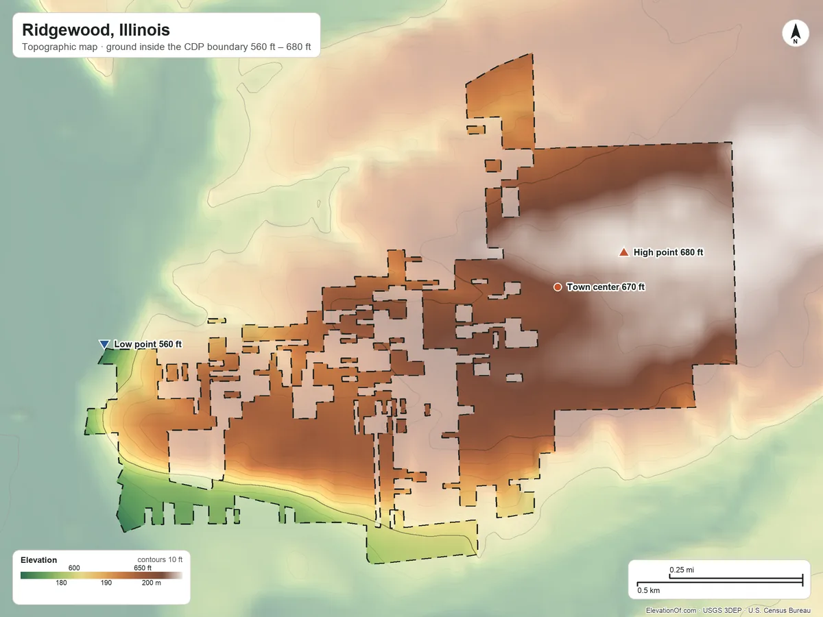 Topographic elevation map of Ridgewood, Illinois, shaded from 560 ft on the west side to 680 ft near the middle