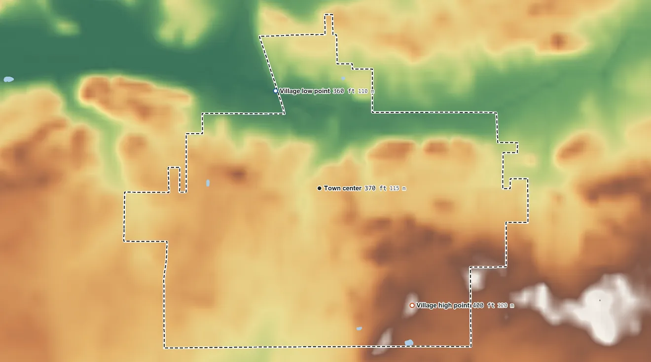 Topographic elevation map of Ridgway, Illinois, shaded from 360 ft on the northwest side to 400 ft on the southeast side