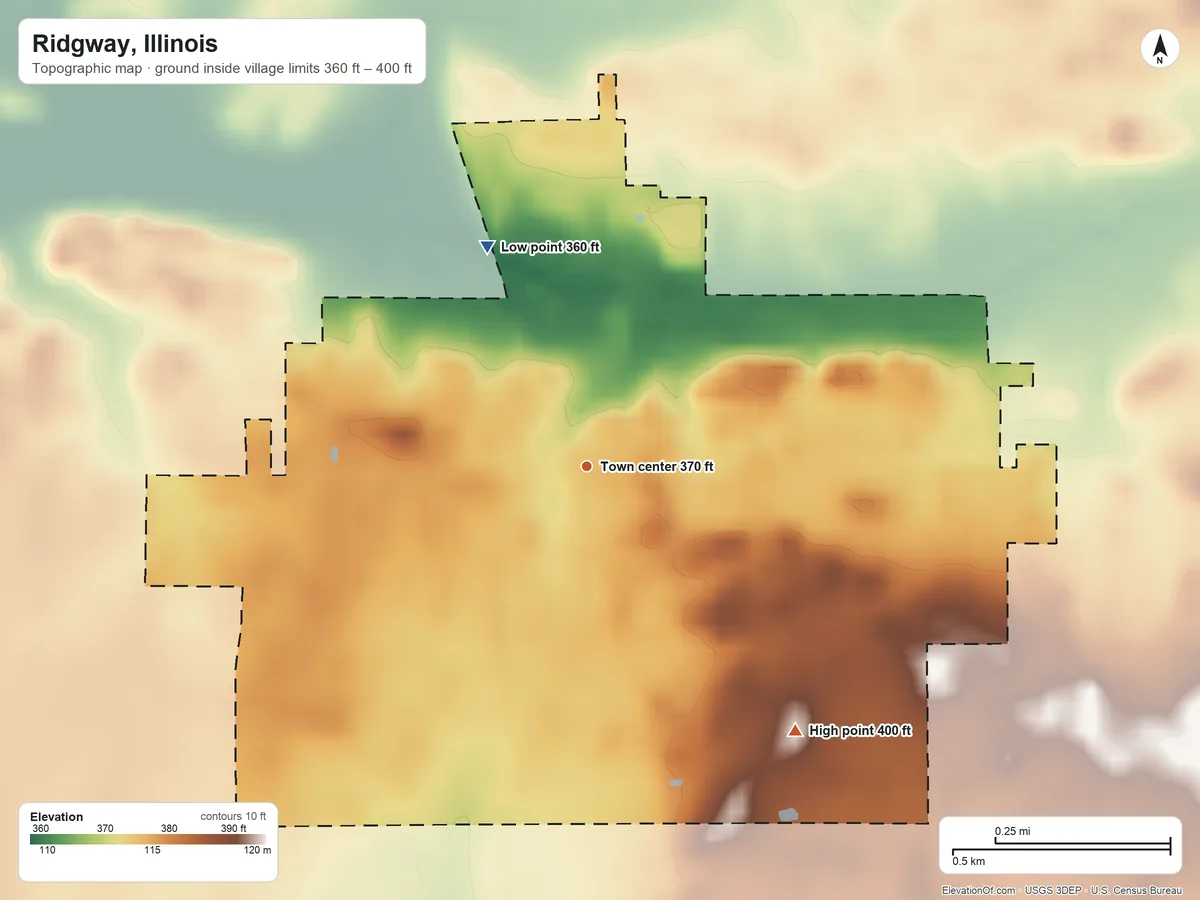 Topographic elevation map of Ridgway, Illinois, shaded from 360 ft on the northwest side to 400 ft on the southeast side
