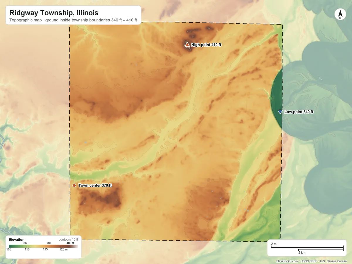 Topographic elevation map of Ridgway Township, Illinois, shaded from 340 ft on the east side to 410 ft on the northeast side