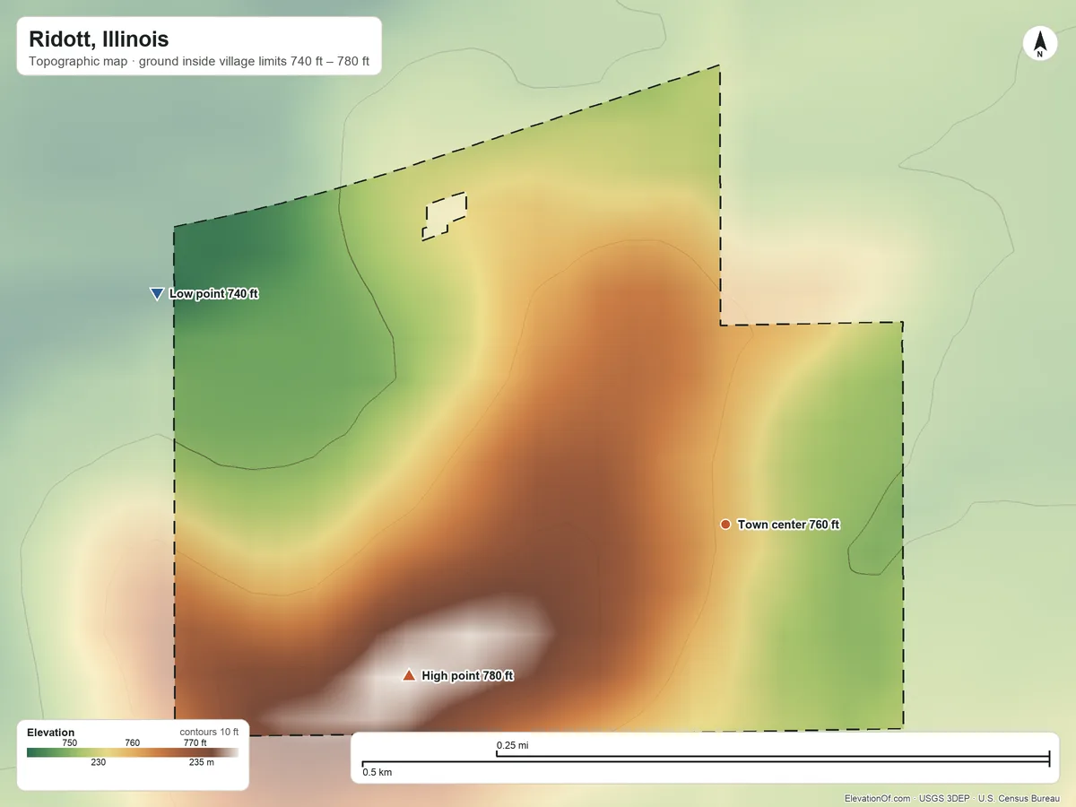 Topographic elevation map of Ridott, Illinois, shaded from 740 ft on the west side to 780 ft on the southwest side