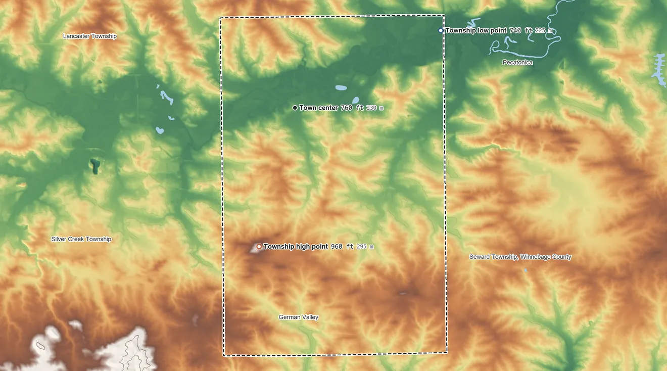 Topographic elevation map of Ridott Township, Illinois, shaded from 740 ft on the northeast side to 960 ft on Bunker Hill