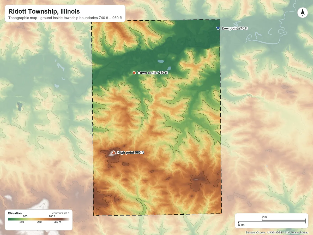 Topographic elevation map of Ridott Township, Illinois, shaded from 740 ft on the northeast side to 960 ft on Bunker Hill