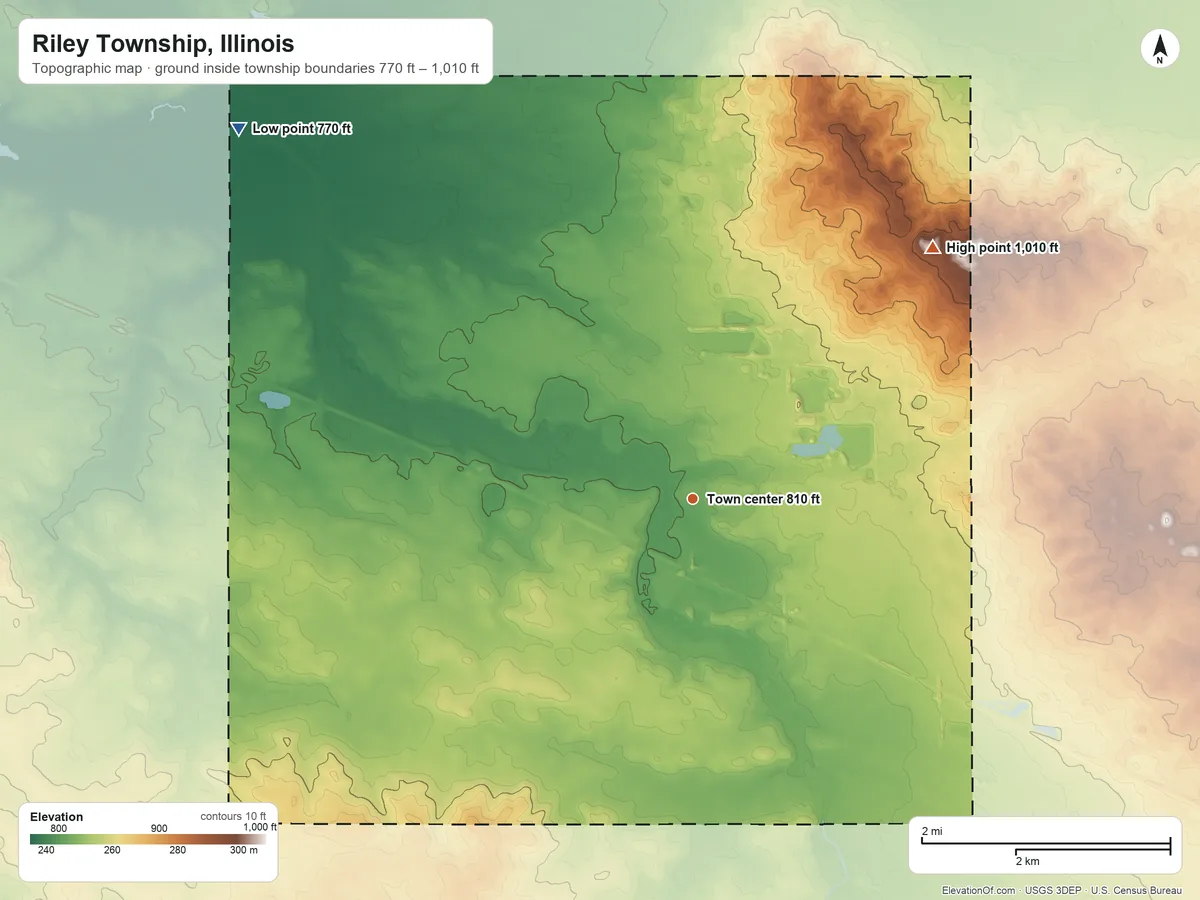 Topographic elevation map of Riley Township, Illinois, shaded from 770 ft on the northwest side to 1,010 ft on the northeast side
