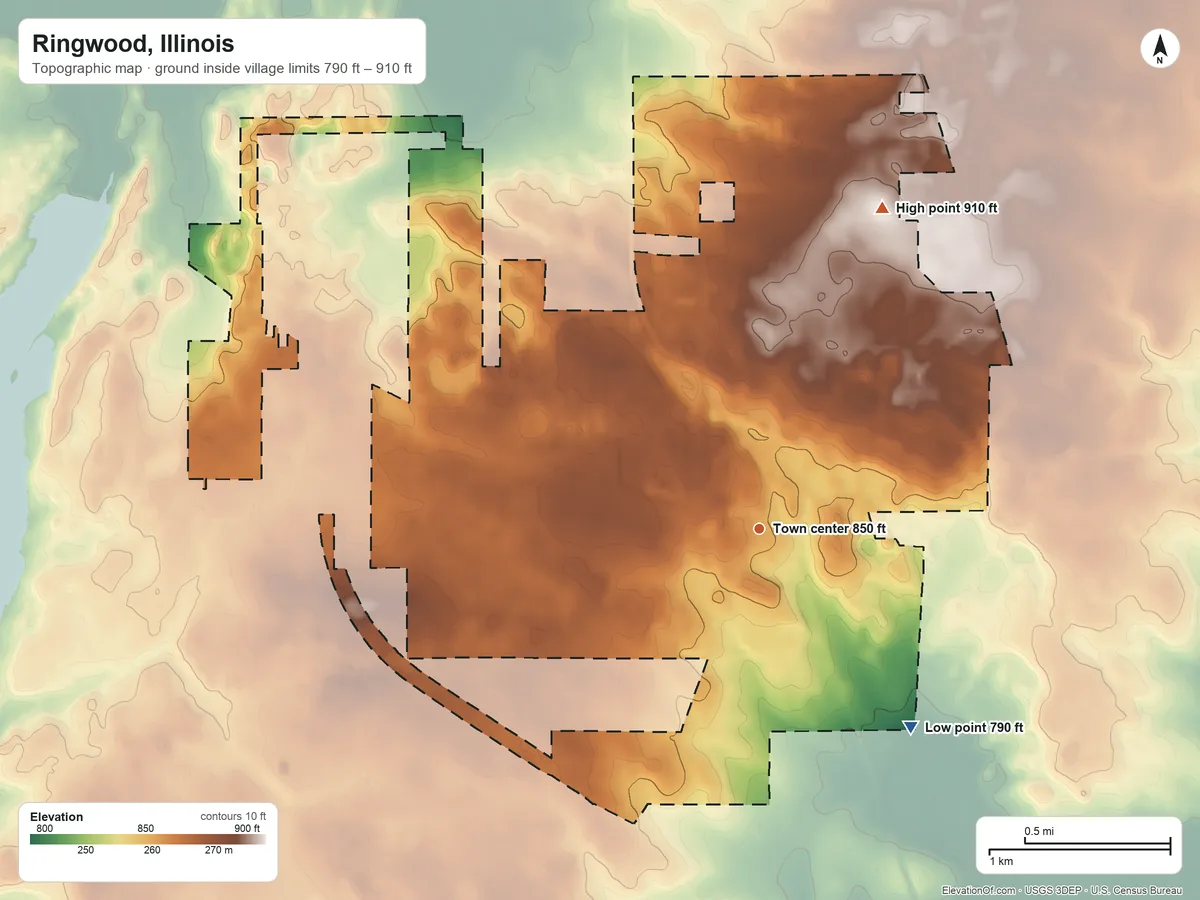 Topographic elevation map of Ringwood, Illinois, shaded from 790 ft on the southeast side to 910 ft on the north side