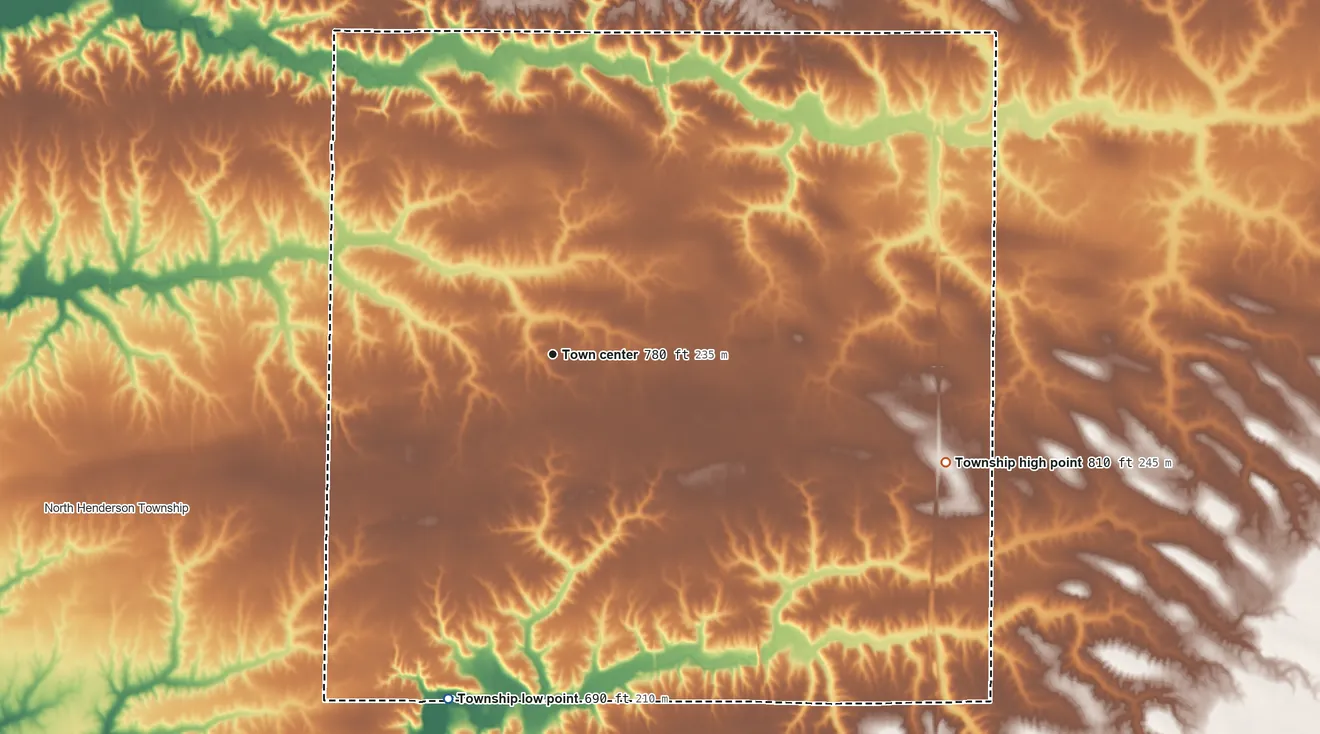 Topographic elevation map of Rio Township, Illinois, shaded from 690 ft on the south side to 810 ft on the east side