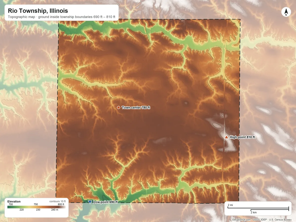 Topographic elevation map of Rio Township, Illinois, shaded from 690 ft on the south side to 810 ft on the east side