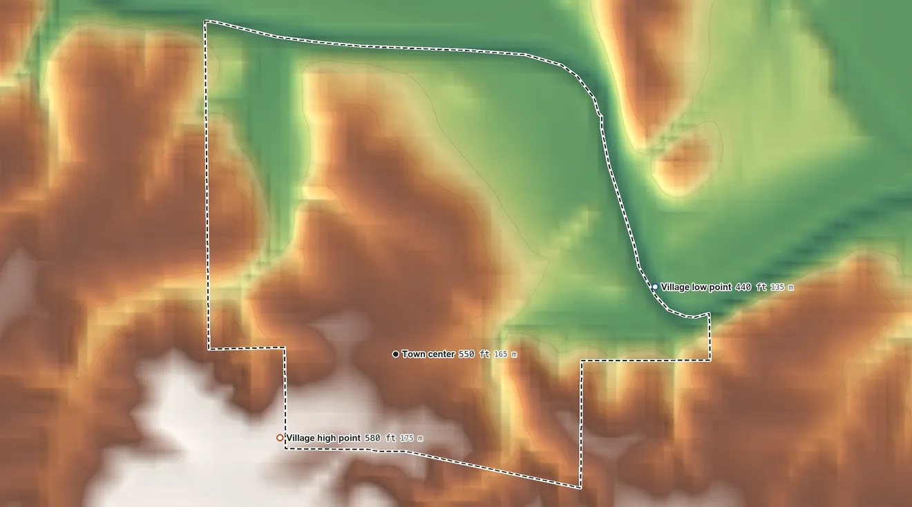 Topographic elevation map of Ripley, Illinois, shaded from 440 ft on the east side to 580 ft on the southwest side