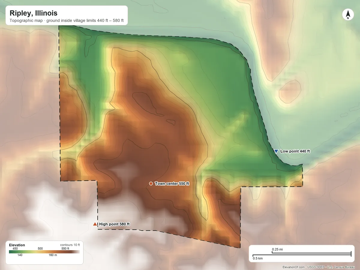 Topographic elevation map of Ripley, Illinois, shaded from 440 ft on the east side to 580 ft on the southwest side