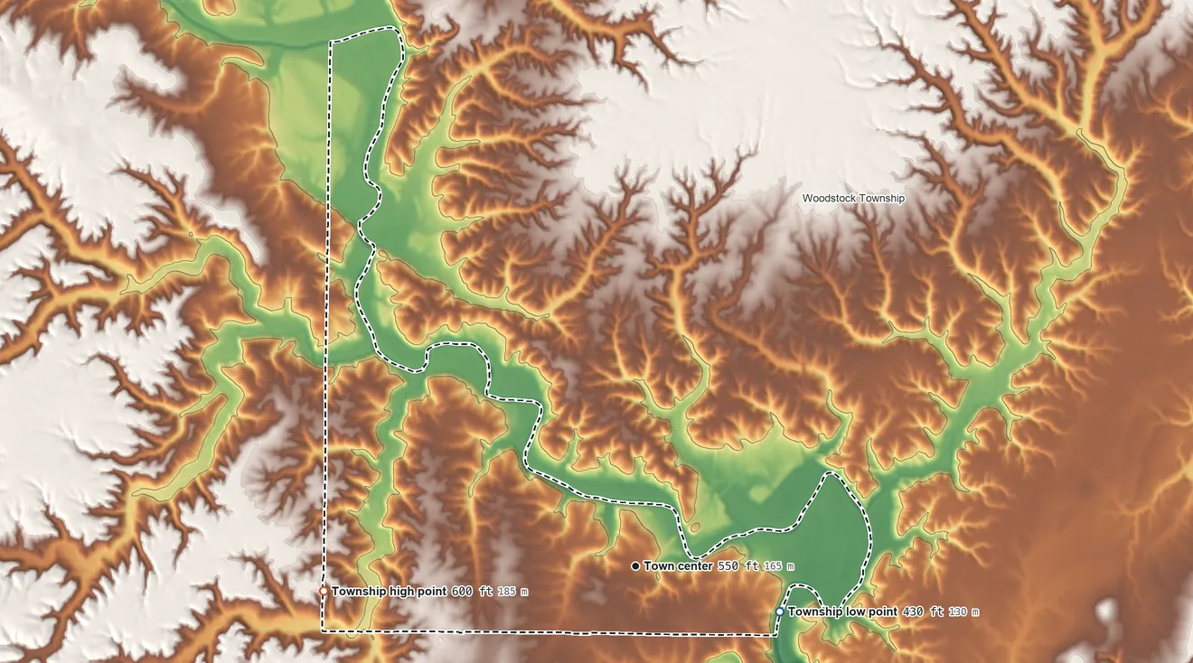 Topographic elevation map of Ripley Township, Illinois, shaded from 430 ft on the east side to 600 ft on the west side