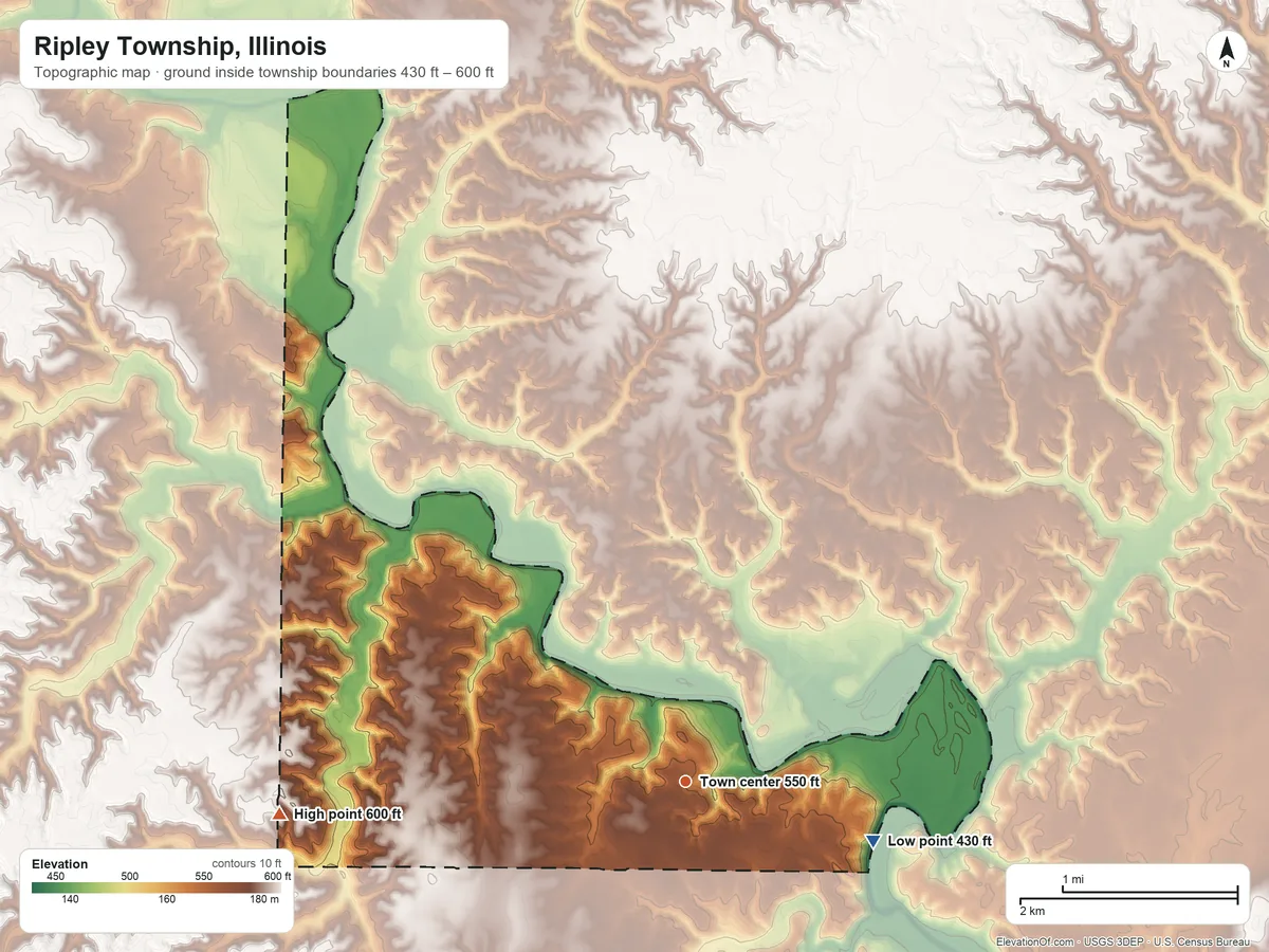 Topographic elevation map of Ripley Township, Illinois, shaded from 430 ft on the east side to 600 ft on the west side