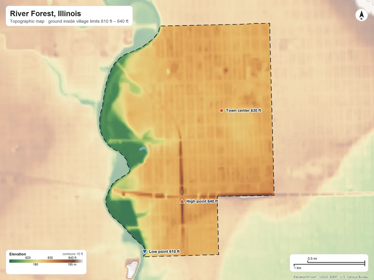 Topographic elevation map of River Forest, Illinois, shaded from 610 ft on the southwest side to 640 ft on the southwest side