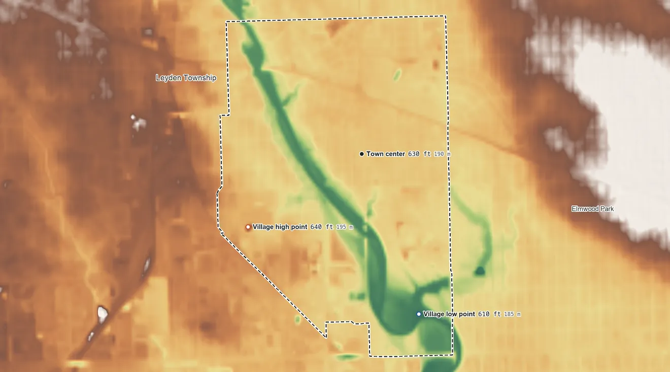 Topographic elevation map of River Grove, Illinois, shaded from 610 ft on the south side to 640 ft on the southwest side