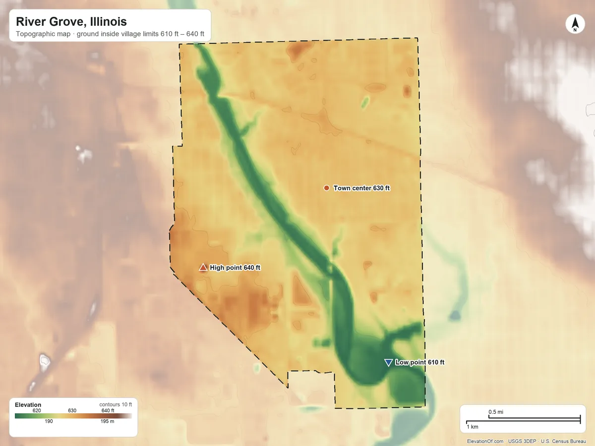 Topographic elevation map of River Grove, Illinois, shaded from 610 ft on the south side to 640 ft on the southwest side