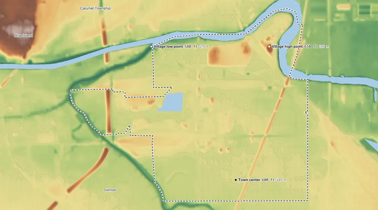 Topographic elevation map of Riverdale, Illinois, shaded from 580 ft on the northwest side to 650 ft on the north side