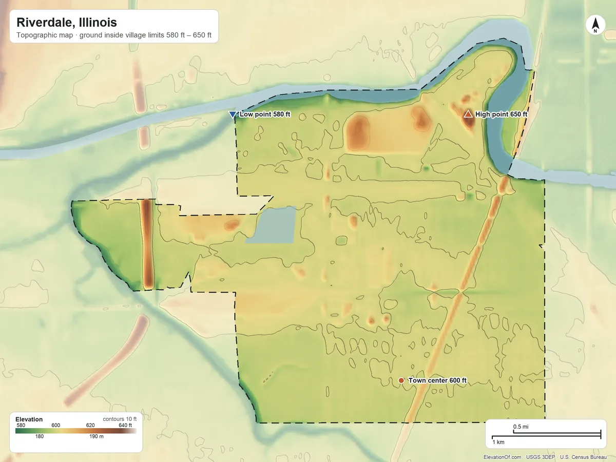 Topographic elevation map of Riverdale, Illinois, shaded from 580 ft on the northwest side to 650 ft on the north side