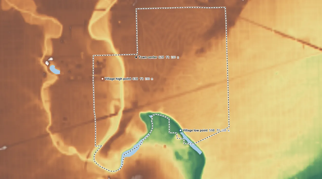 Topographic elevation map of Riverside, Illinois, shaded from 590 ft on the southeast side to 630 ft on the southwest side