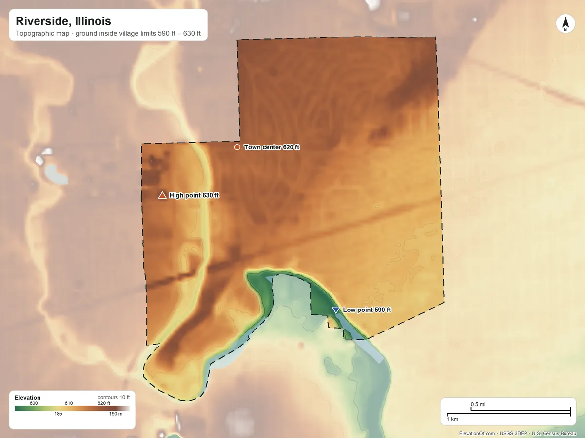 Topographic elevation map of Riverside, Illinois, shaded from 590 ft on the southeast side to 630 ft on the southwest side