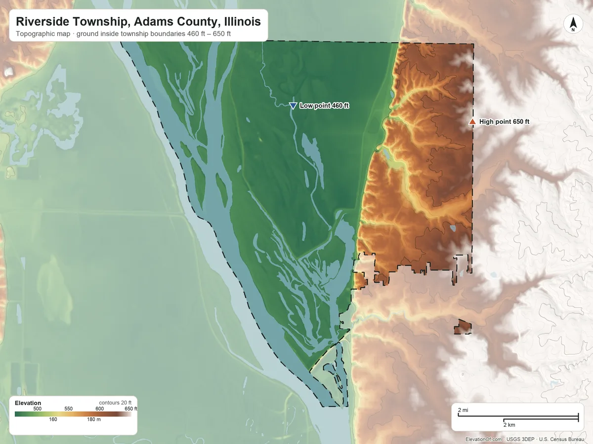 Topographic elevation map of Riverside Township, Adams County, Illinois, shaded from 460 ft on the northwest side to 650 ft on the northeast side