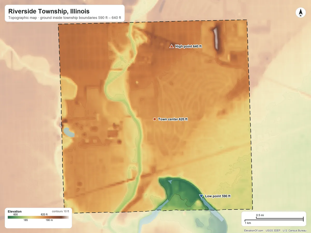 Topographic elevation map of Riverside Township, Illinois, shaded from 590 ft on the southeast side to 640 ft on the north side