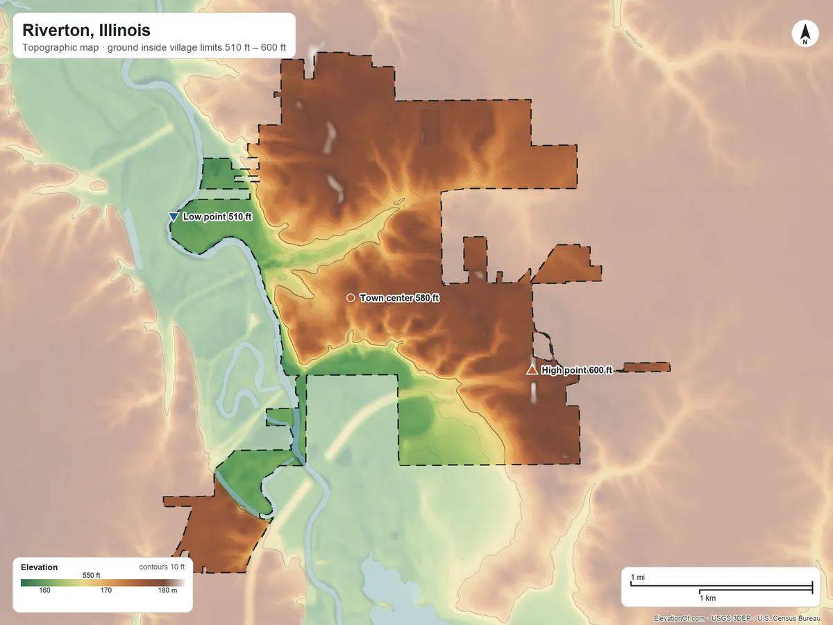Topographic elevation map of Riverton, Illinois, shaded from 510 ft on the northwest side to 600 ft on the east side