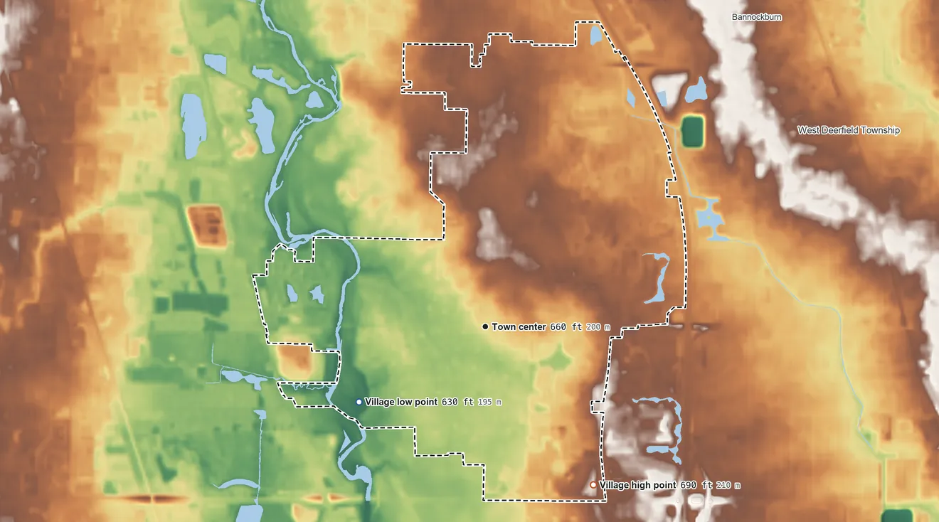Topographic elevation map of Riverwoods, Illinois, shaded from 630 ft on the southwest side to 690 ft on the southeast side