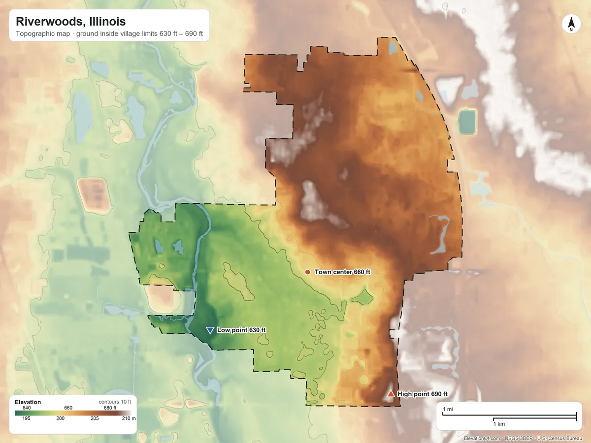 Topographic elevation map of Riverwoods, Illinois, shaded from 630 ft on the southwest side to 690 ft on the southeast side