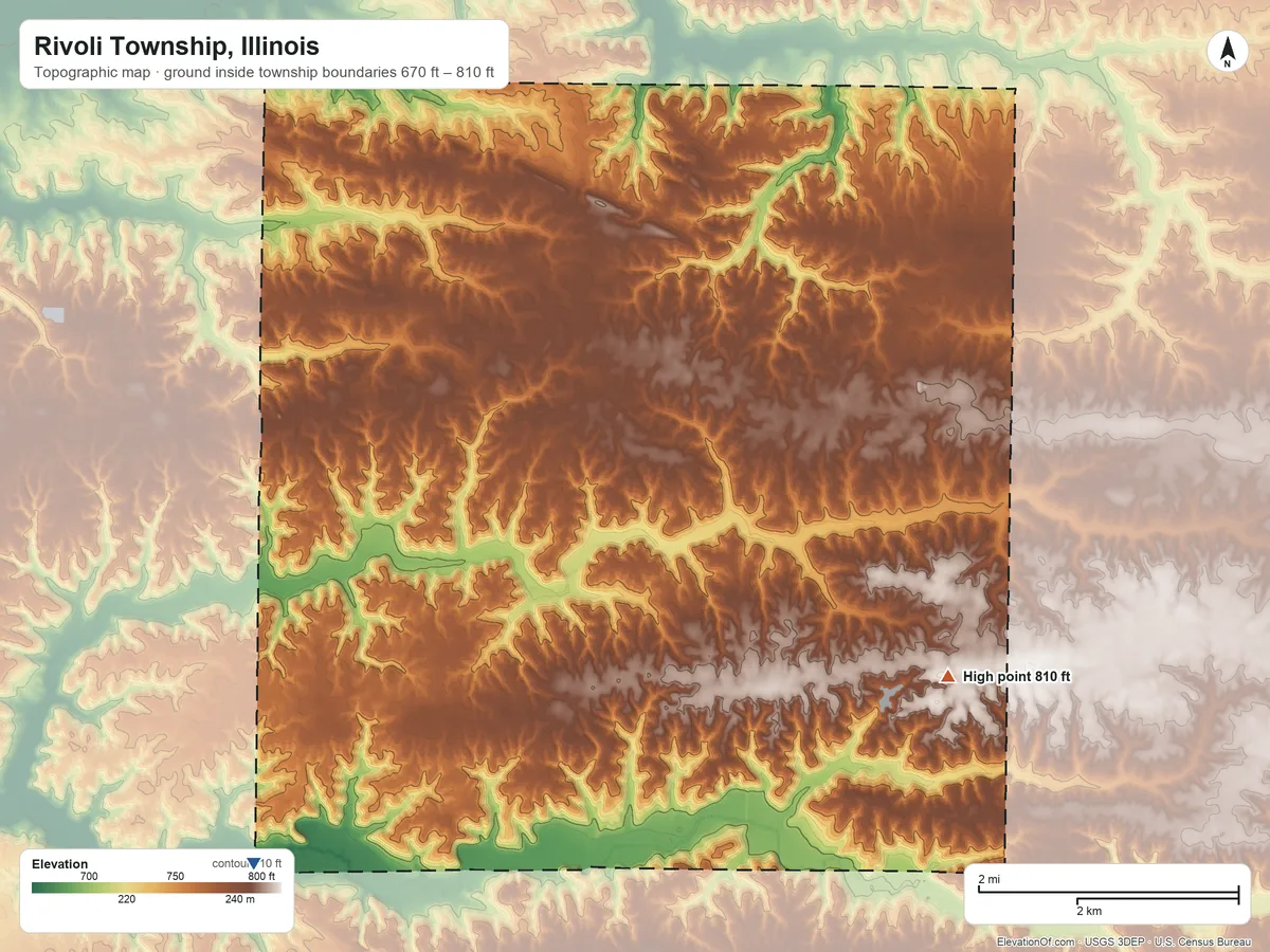 Topographic elevation map of Rivoli Township, Illinois, shaded from 670 ft on the southwest side to 810 ft on the southeast side