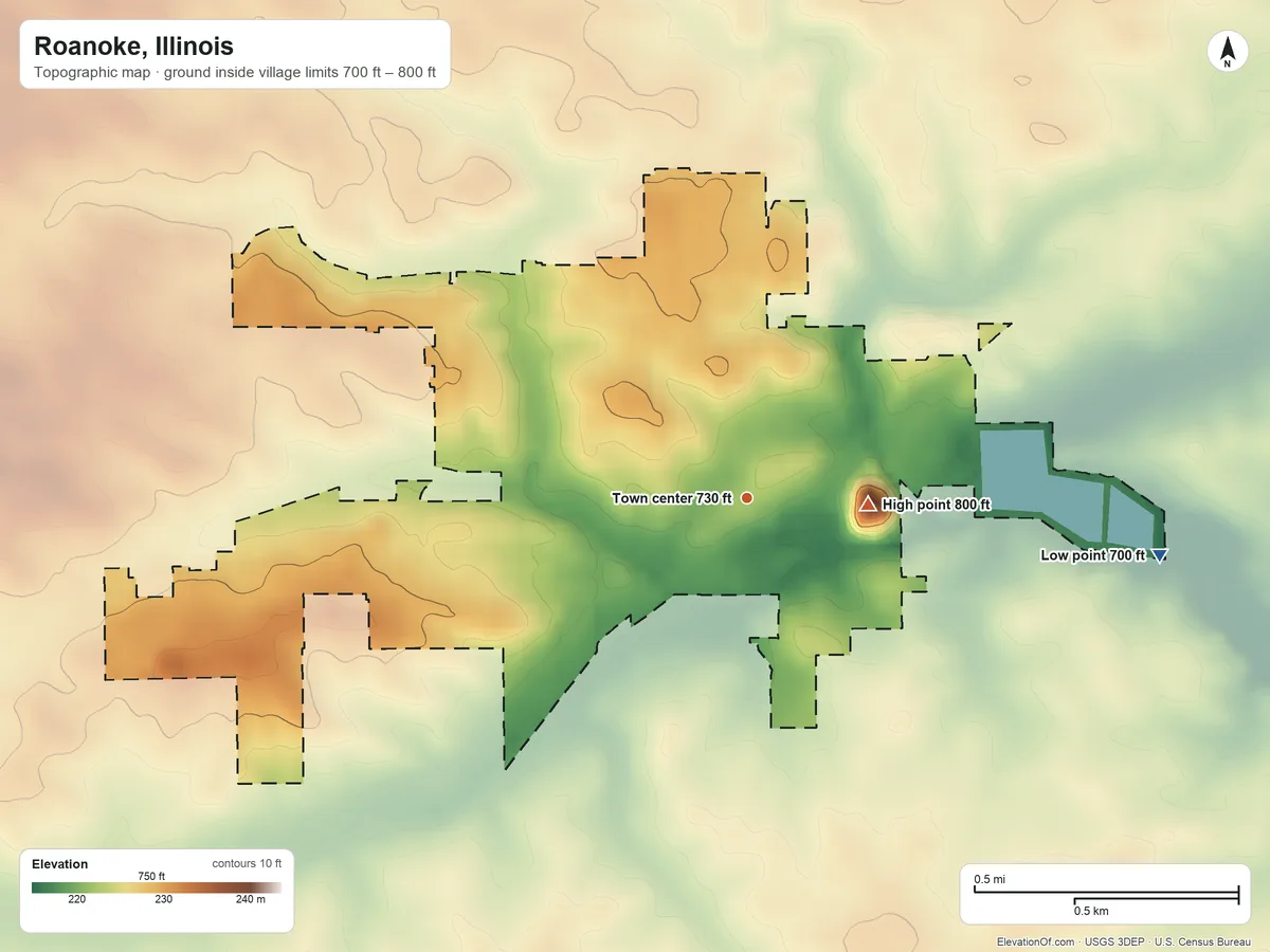Topographic elevation map of Roanoke, Illinois, shaded from 700 ft on the east side to 800 ft near the middle