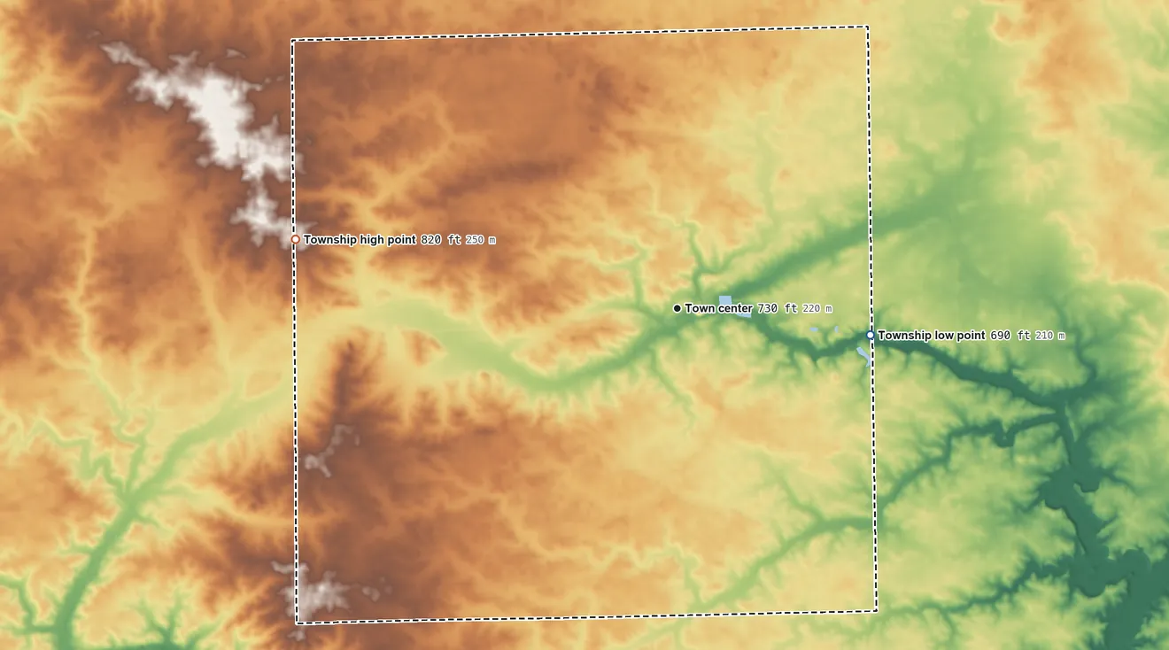 Topographic elevation map of Roanoke Township, Illinois, shaded from 690 ft on the east side to 820 ft on the west side