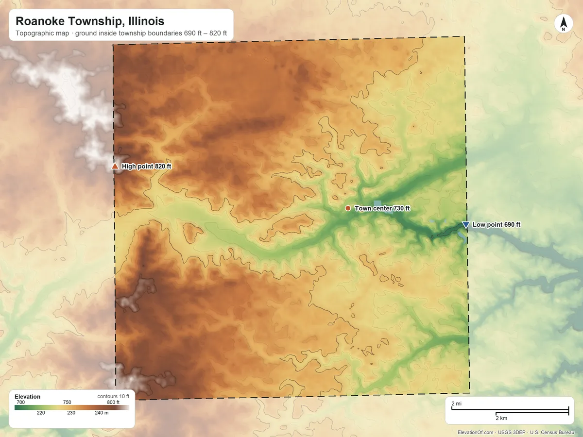Topographic elevation map of Roanoke Township, Illinois, shaded from 690 ft on the east side to 820 ft on the west side