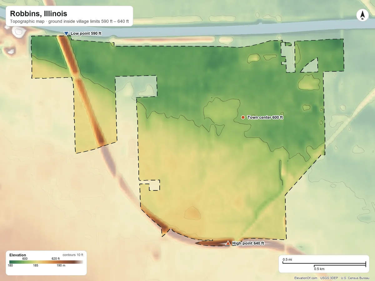 Topographic elevation map of Robbins, Illinois, shaded from 590 ft on the northwest side to 640 ft on the south side
