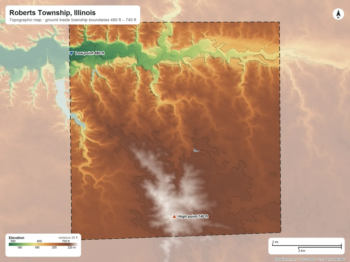 Topographic elevation map of Roberts Township, Illinois, shaded from 480 ft on the northwest side to 740 ft on the south side