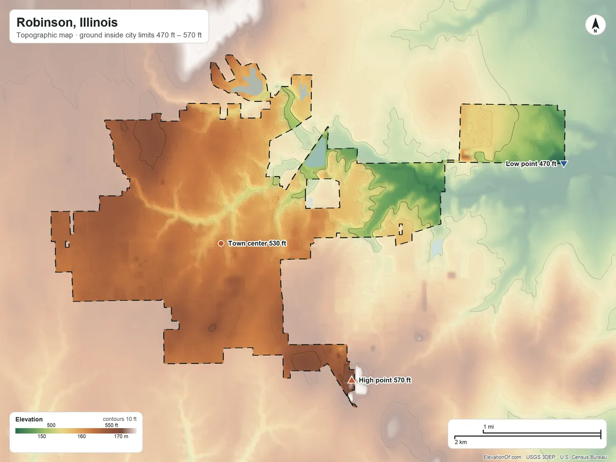 Topographic elevation map of Robinson, Illinois, shaded from 470 ft on the east side to 570 ft on the southeast side