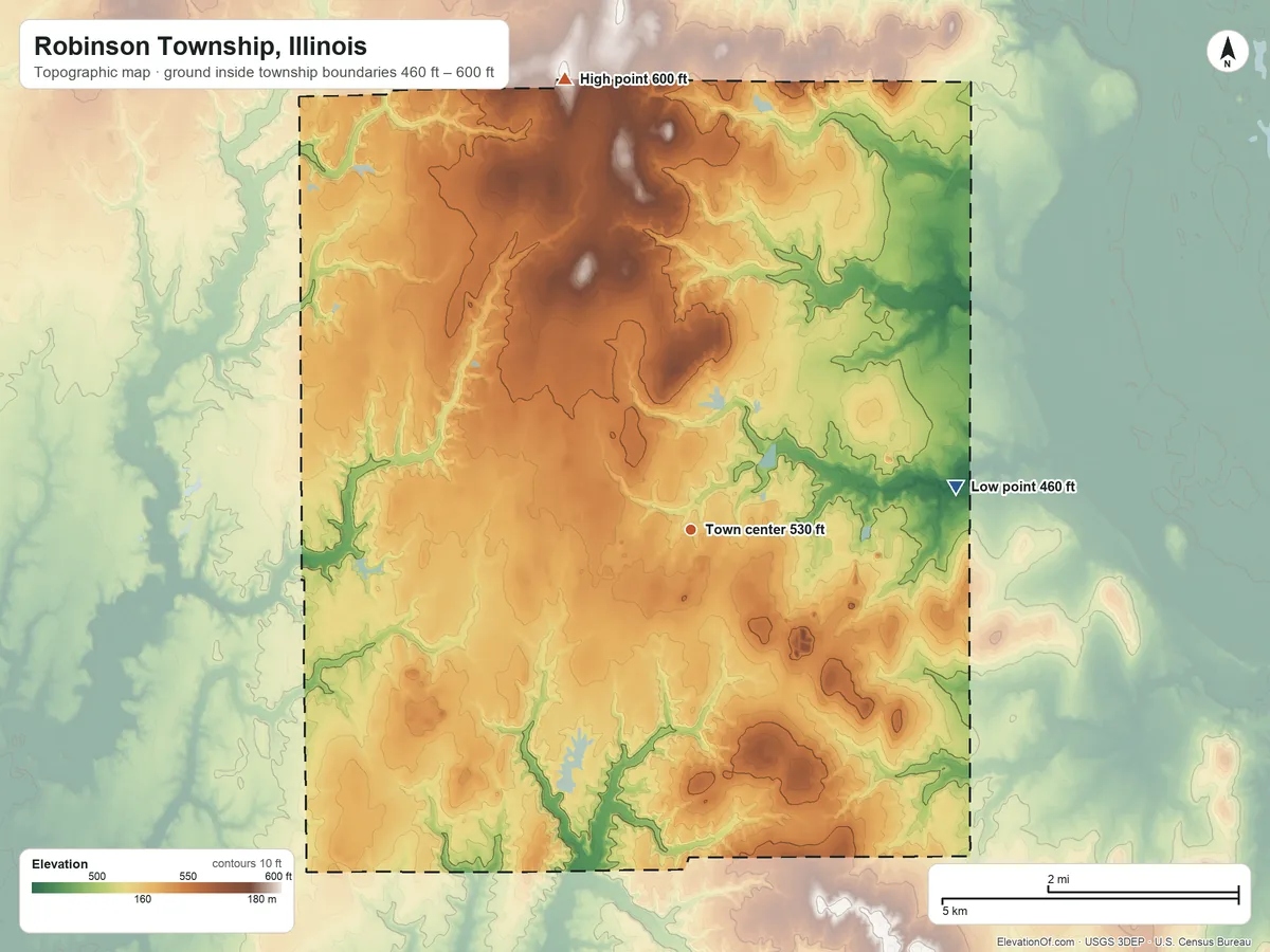 Topographic elevation map of Robinson Township, Illinois, shaded from 460 ft on the east side to 600 ft on the north side