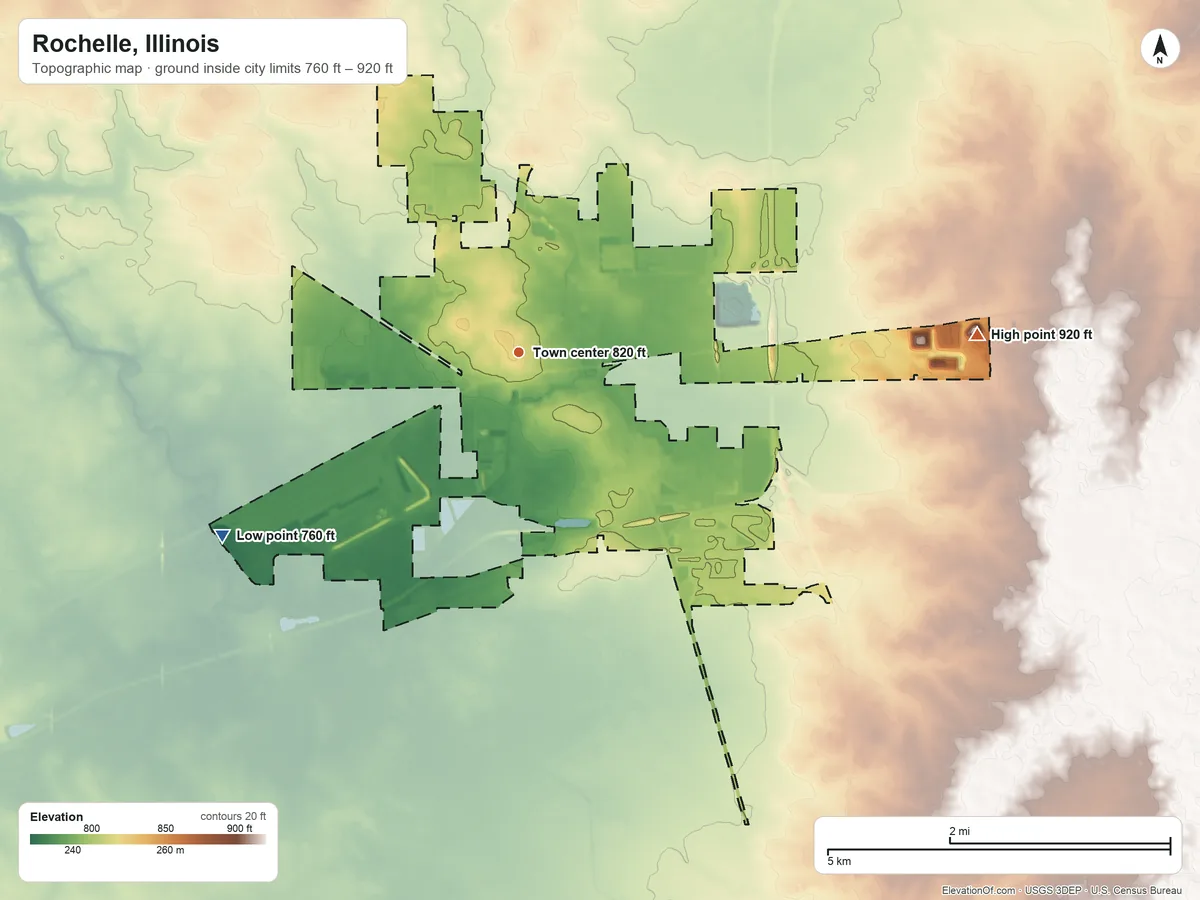 Topographic elevation map of Rochelle, Illinois, shaded from 760 ft on the southwest side to 920 ft on the east side