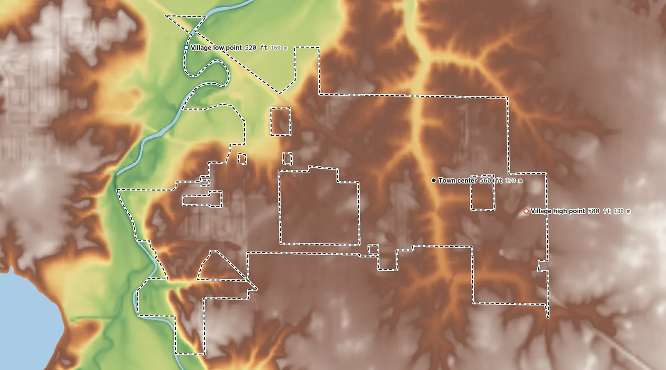 Topographic elevation map of Rochester, Illinois, shaded from 520 ft on the northwest side to 580 ft on the east side