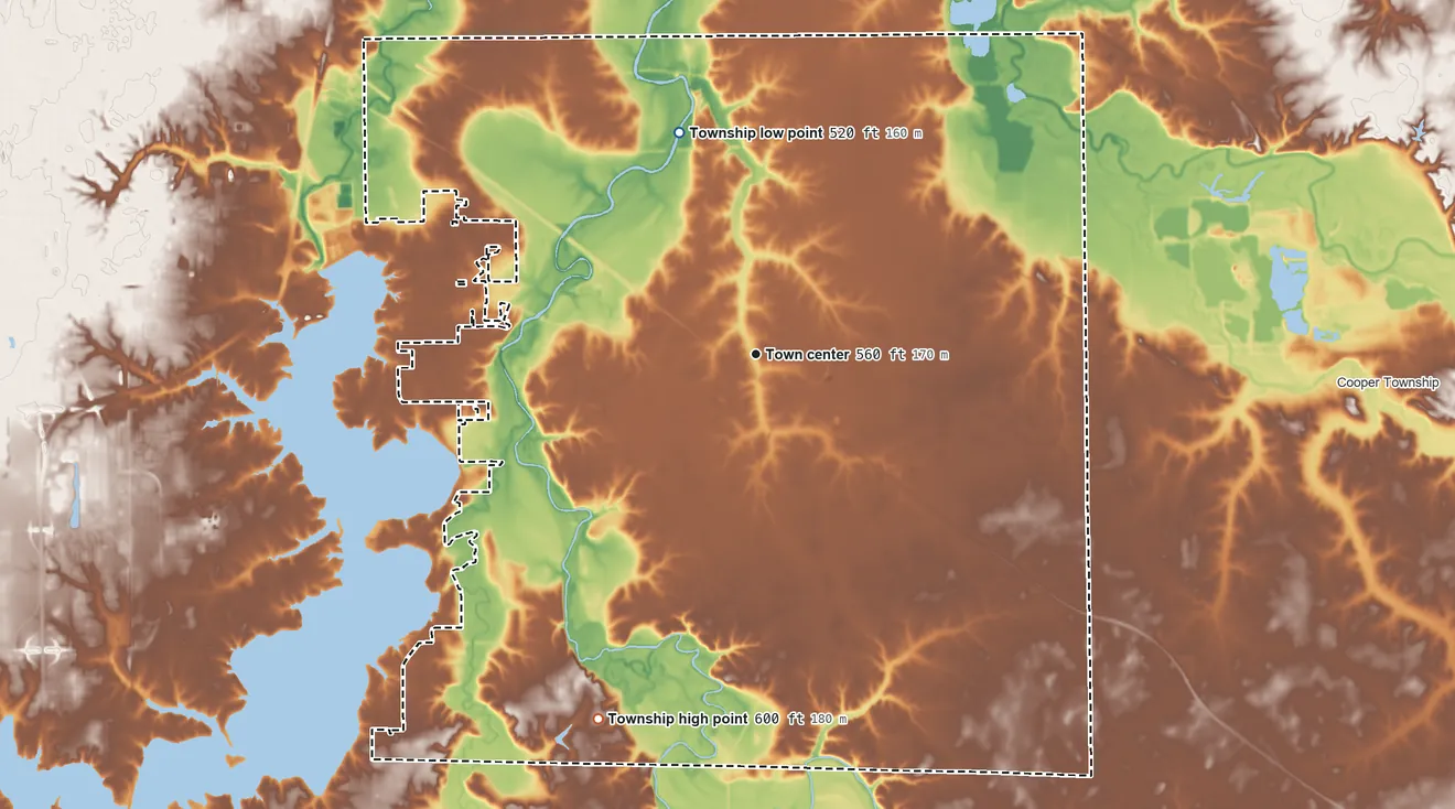 Topographic elevation map of Rochester Township, Illinois, shaded from 520 ft on the north side to 600 ft on the southwest side