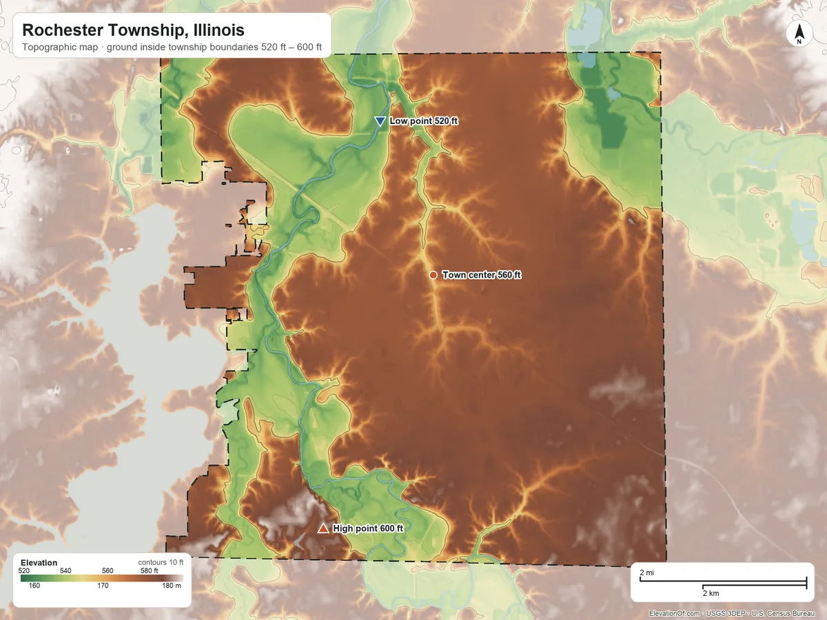 Topographic elevation map of Rochester Township, Illinois, shaded from 520 ft on the north side to 600 ft on the southwest side