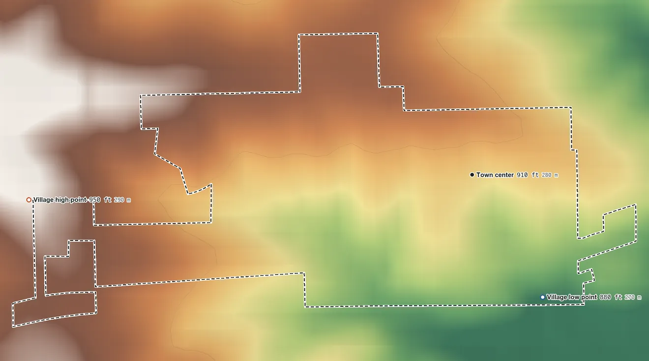 Topographic elevation map of Rock City, Illinois, shaded from 880 ft on the southeast side to 950 ft on the west side