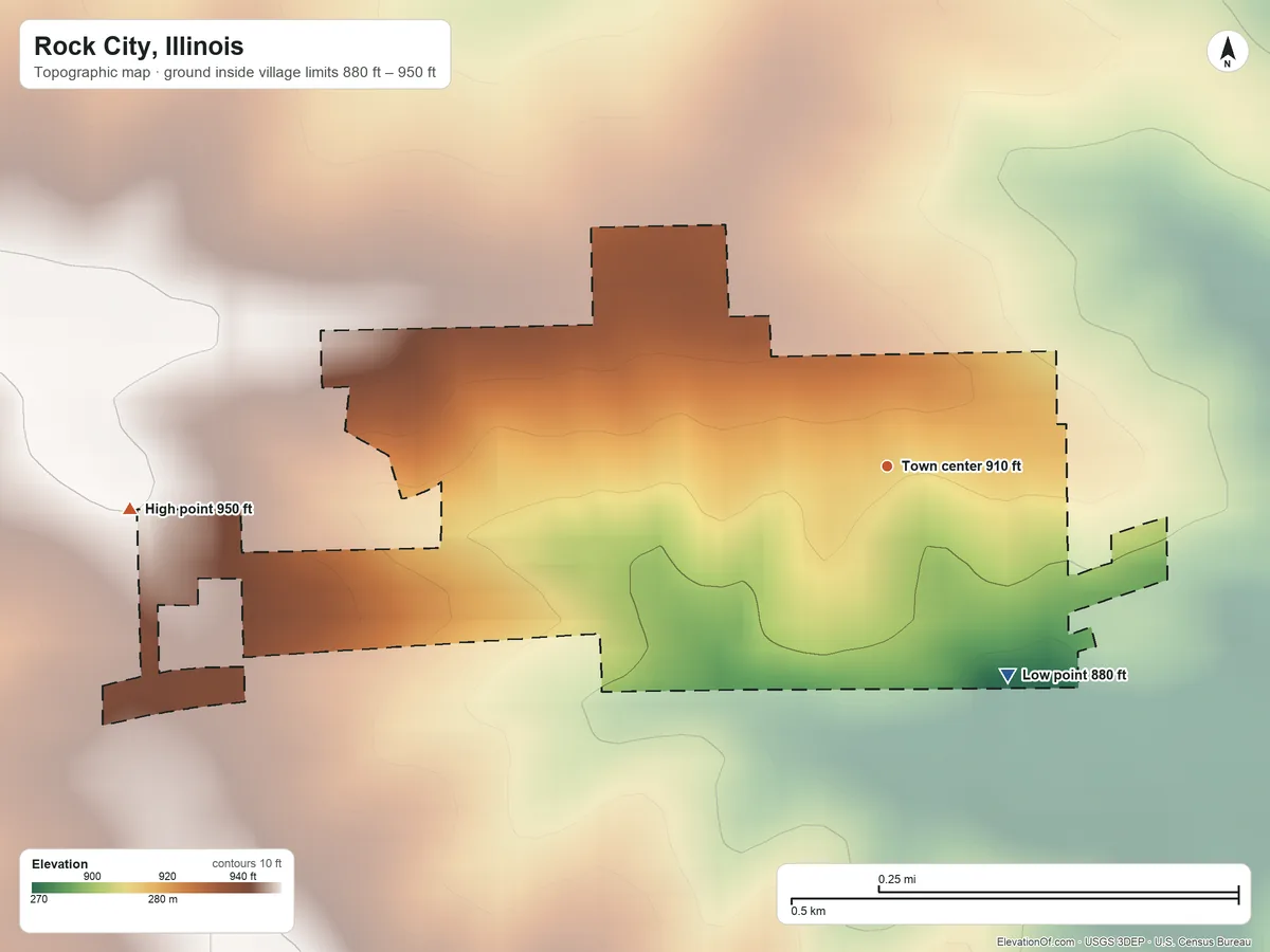 Topographic elevation map of Rock City, Illinois, shaded from 880 ft on the southeast side to 950 ft on the west side