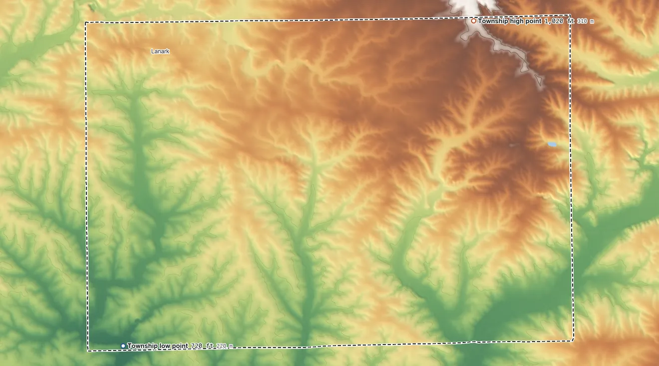 Topographic elevation map of Rock Creek-Lima Township, Illinois, shaded from 720 ft on the south side to 1,020 ft on the east side