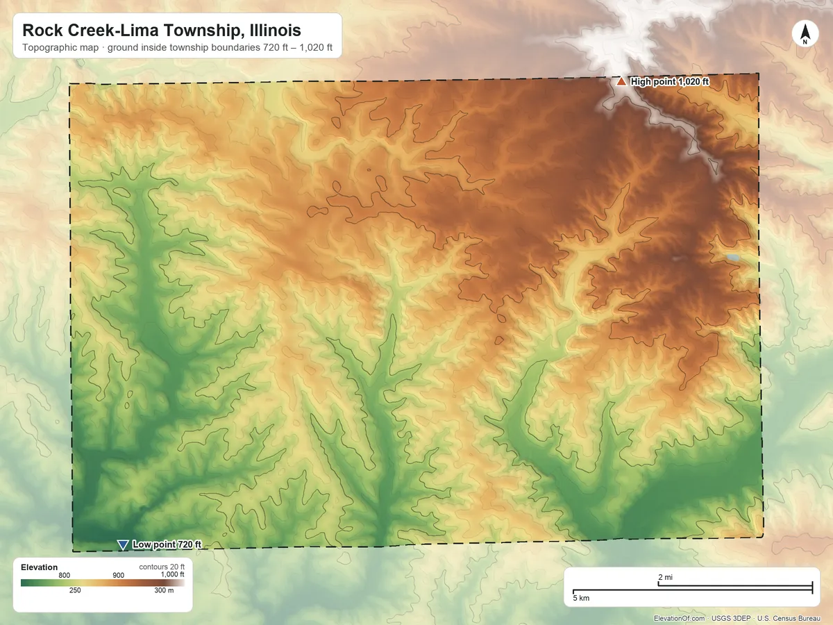 Topographic elevation map of Rock Creek-Lima Township, Illinois, shaded from 720 ft on the south side to 1,020 ft on the east side