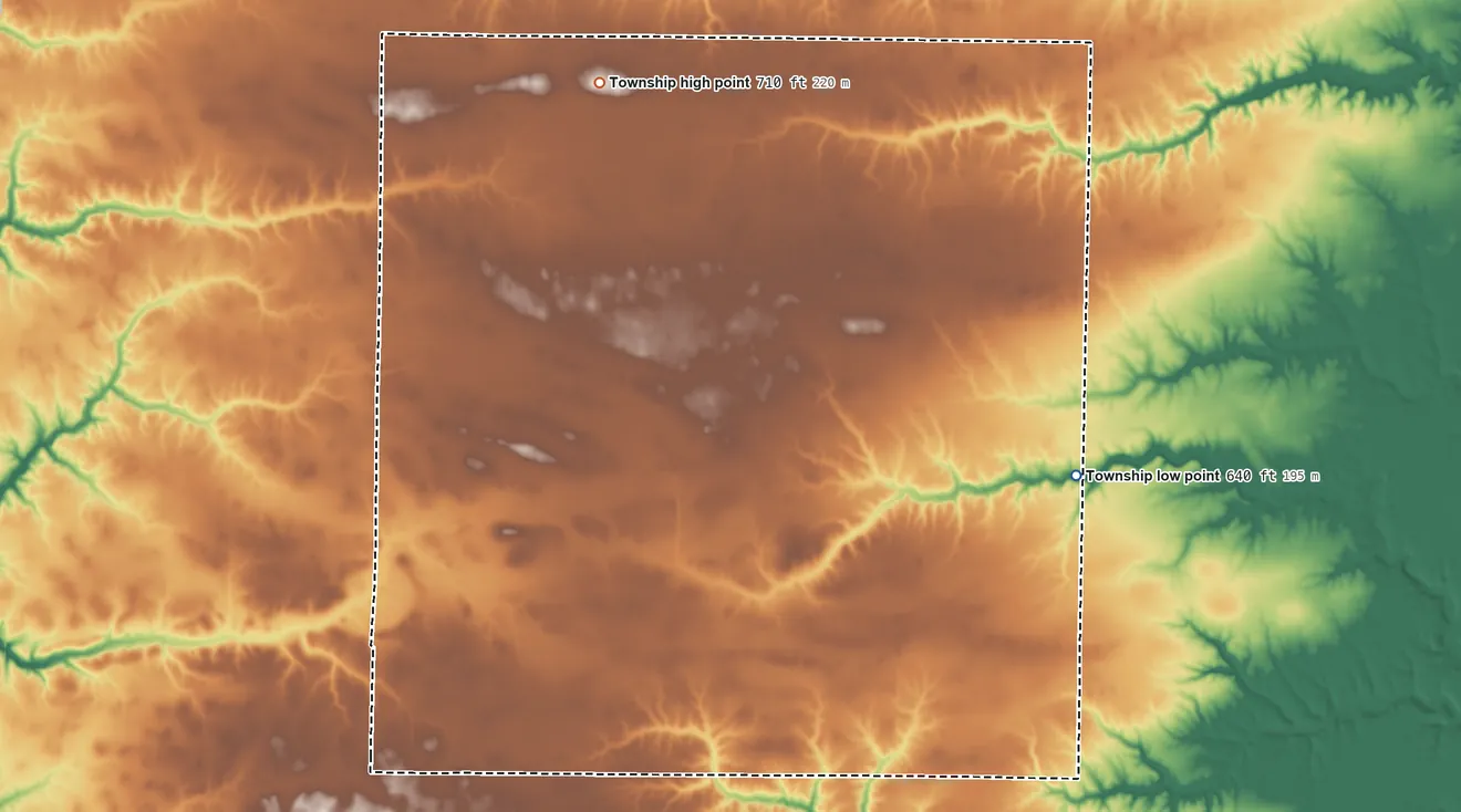 Topographic elevation map of Rock Creek Township, Illinois, shaded from 640 ft on the east side to 710 ft on the northwest side