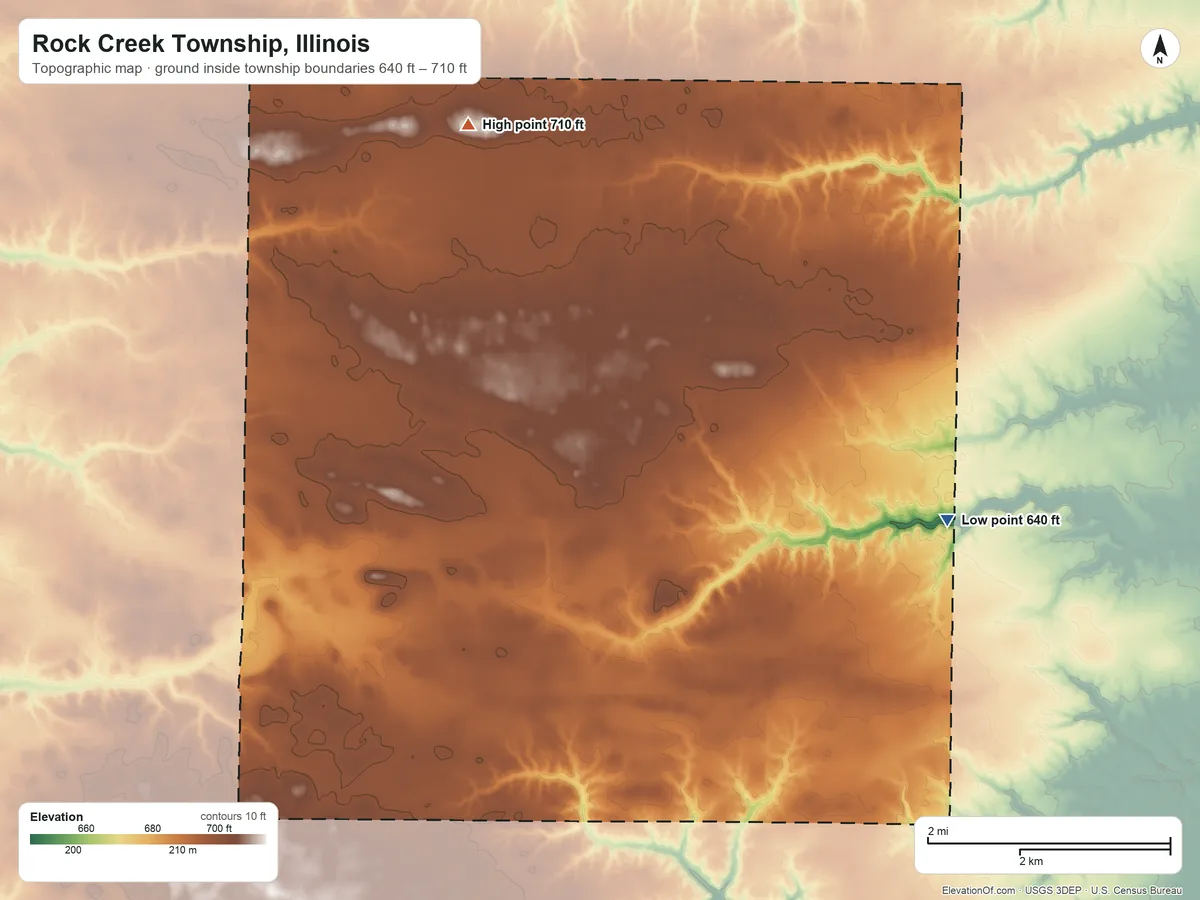 Topographic elevation map of Rock Creek Township, Illinois, shaded from 640 ft on the east side to 710 ft on the northwest side