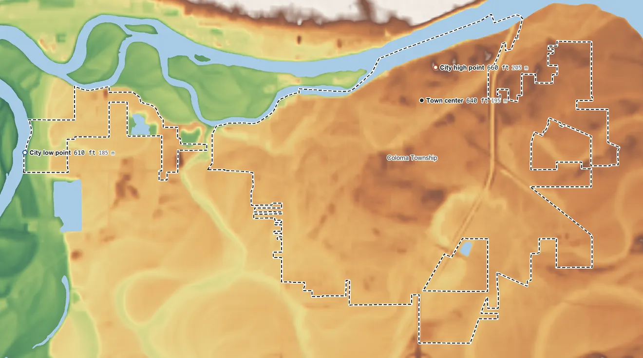 Topographic elevation map of Rock Falls, Illinois, shaded from 610 ft on the west side to 660 ft near the middle