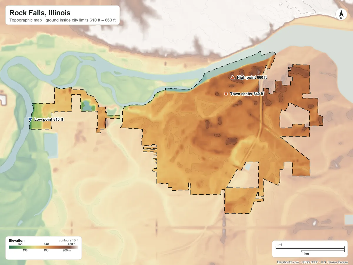 Topographic elevation map of Rock Falls, Illinois, shaded from 610 ft on the west side to 660 ft near the middle