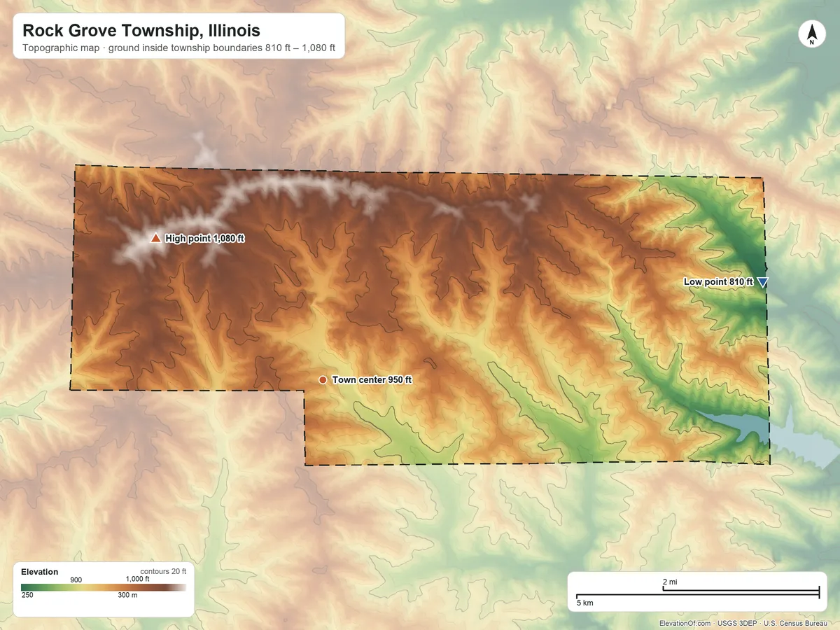 Topographic elevation map of Rock Grove Township, Illinois, shaded from 810 ft on the east side to 1,080 ft on the northwest side