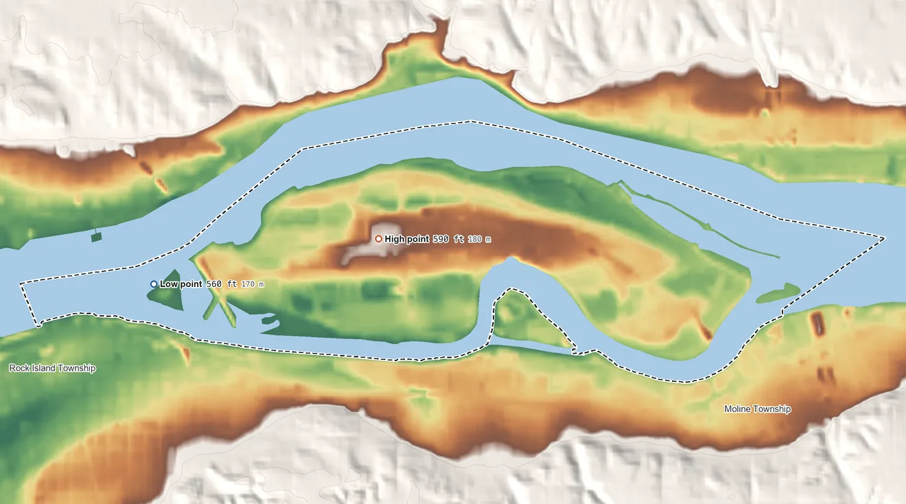 Topographic elevation map of Rock Island Arsenal, Illinois, shaded from 560 ft on the west side to 590 ft on the west side